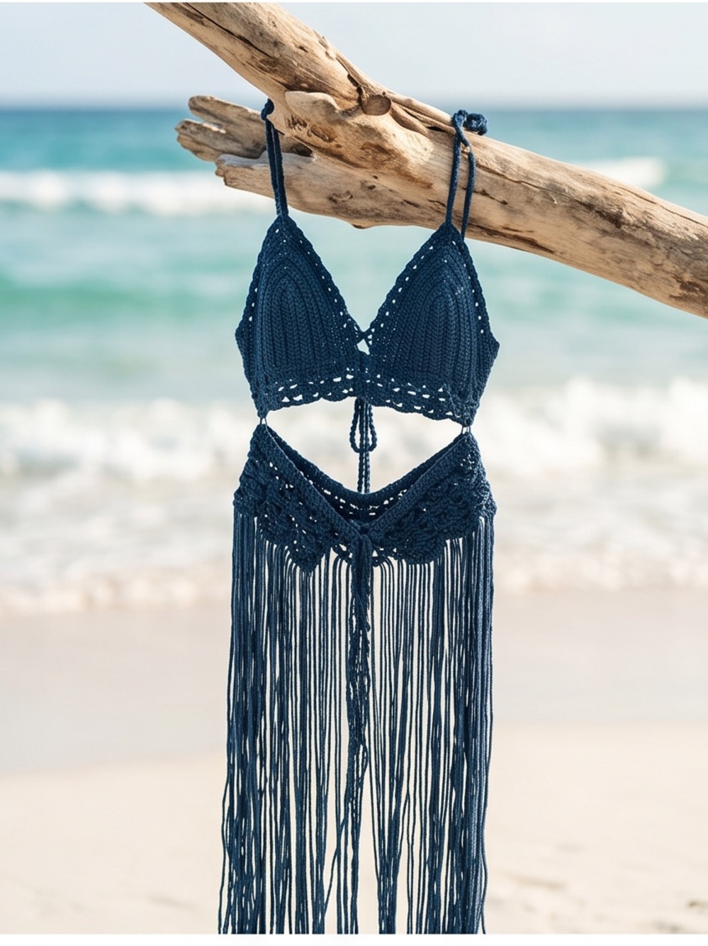 Boho Navy macramé Halter Bikini Top and Fringe swimsuit cover-up Skirt Set LARGE - Picture 9 of 13